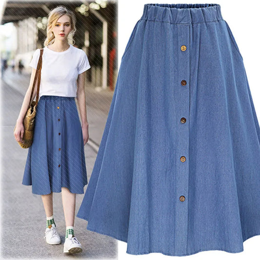 Fashion Korean Preppy Style Denim Skirts Women Solid Color Long Skirt Nature Waist Female Big Hem Casual Button Jean Skirt