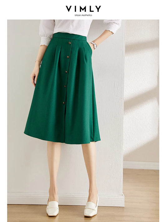 Vimly Korean Fashion Green A-line Skirts for Women 2023 Spring Vintage Solid Office Lady High Waist Pocket Skirts Clothing V7687