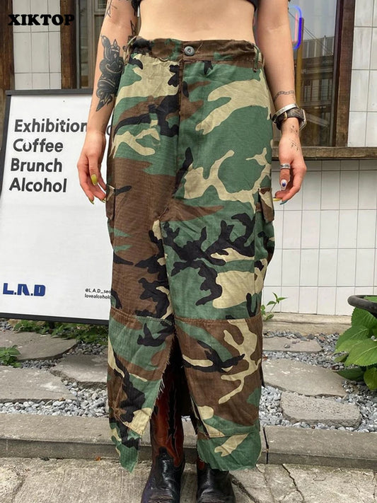 XIKTOP Casual Camouflage Skirt Women 2023 Y2K Front Slit All-Matching Pockets Patchwork Zip Up Maxi Skirts Stylish Streetwear